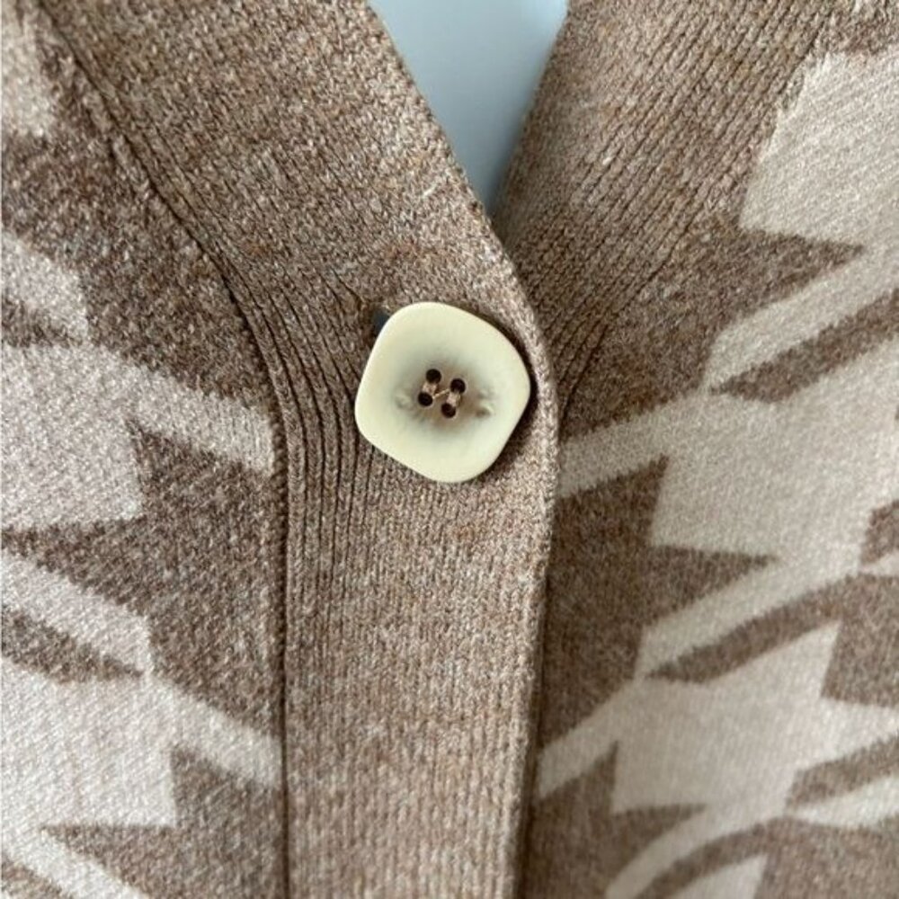 Joie Cardigan Large Tan V Neck Houndstooth Puff Sleeve Old Money Preppy Academia - Picture 9 of 11